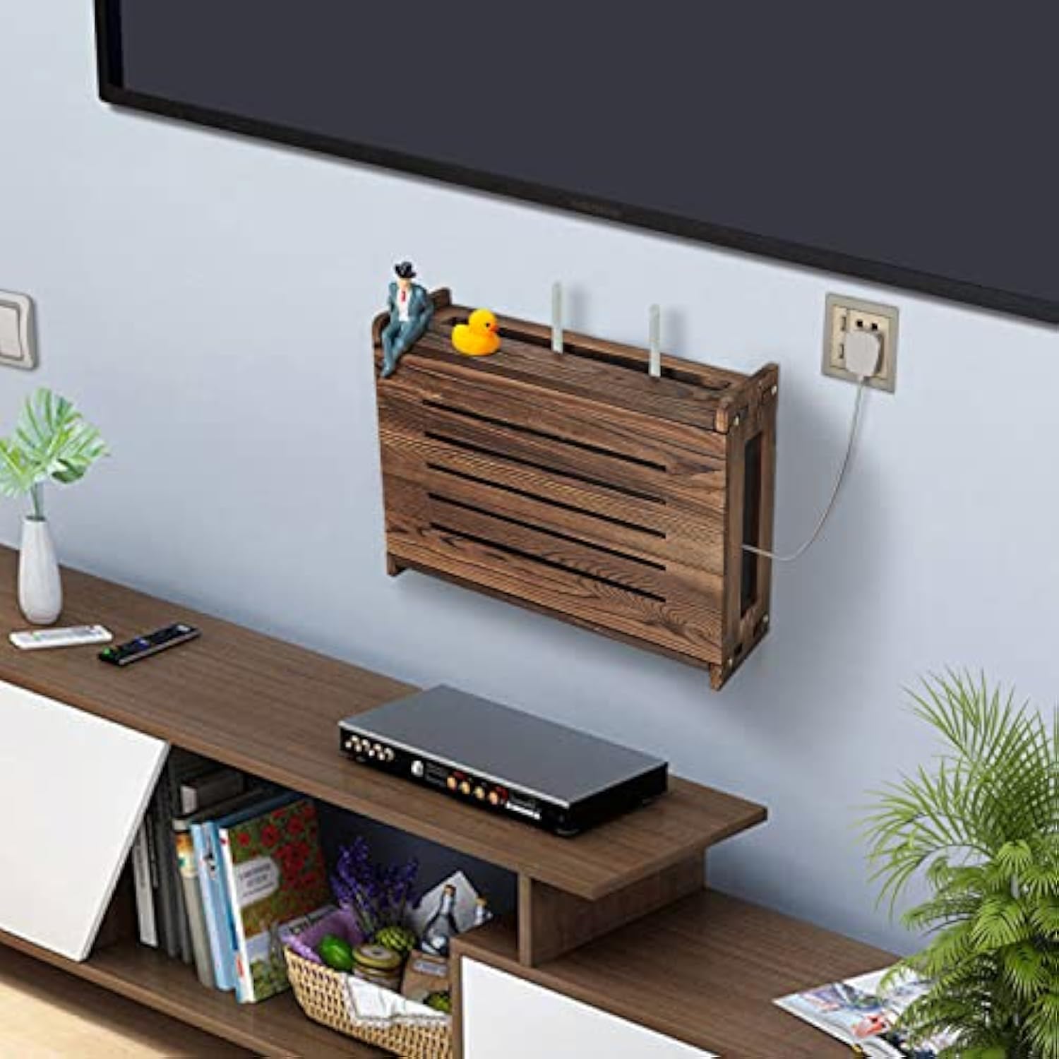 Wooden Router Shelf Wall Mount Storage Box Modem Cable Router Cover Organized Power Strip Cable Management Hider Rack Need Assembly Bamboo Wooden Products Manufacturer