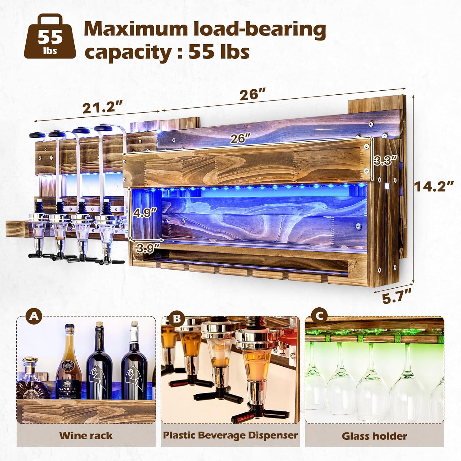 Wine Rack Wall Mounted Wood Alcohol Shelf Kitchen Decor Liquor Dispenser Storage Bamboo Wooden Products Manufacturer - Image 3