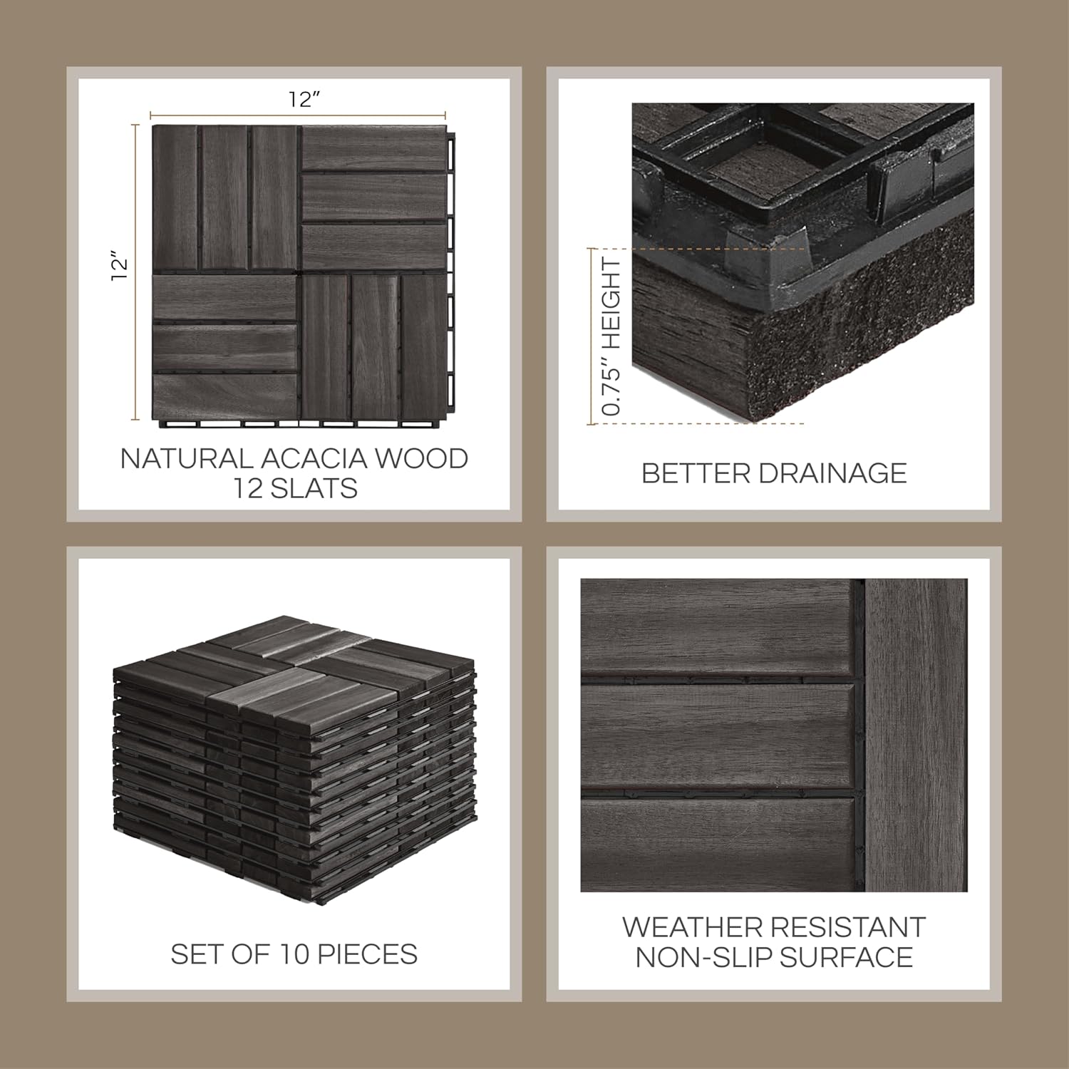 10 Pcs Interlocking Deck Tiles Acacia Wood Waterproof Patio Flooring Balcony Backyard Outdoor Indoor All Weather Non Slip Surface Bamboo Wooden Products Manufacturer - Image 3