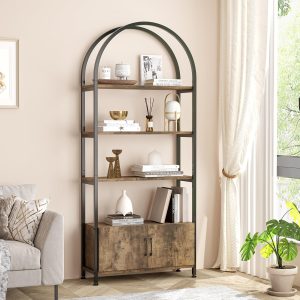 Tall Industrial Shelf with Metal Frame 4 Tier Arched Bookshelf with Doors Storage
