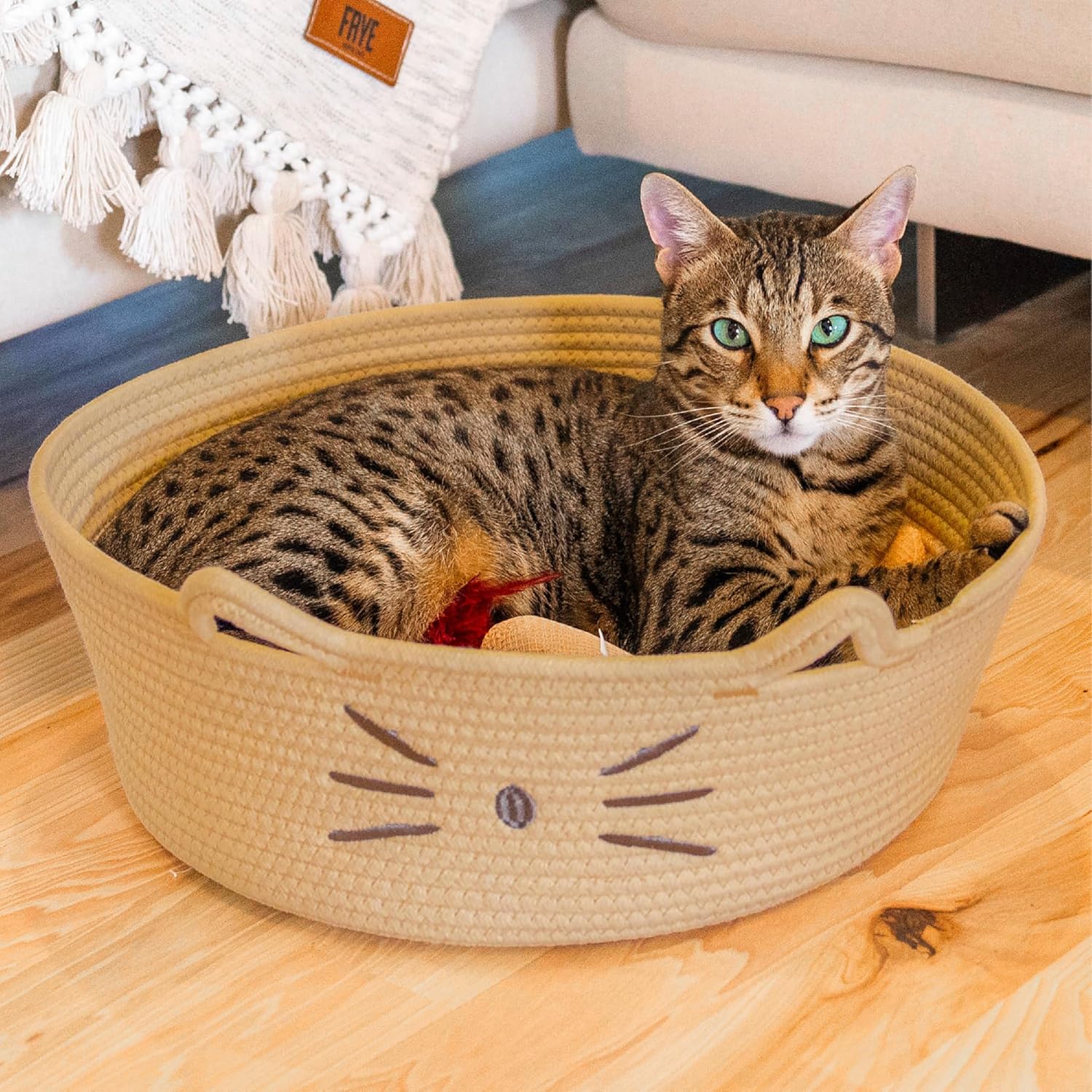 2 in 1 Cat Bed and Storage Basket with Removable Washable Cushion Plush Cotton Rope Bed for Small Cats and Kittens Indoor Use Bamboo Wooden Products Manufacturer - Image 2