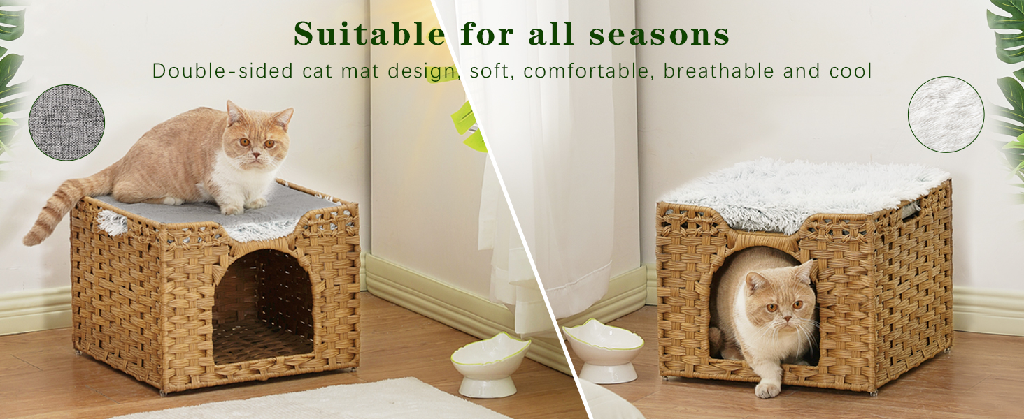 Foldable Rattan Cat Bed House Indoor Large Pet Cave with Soft Mat Kitten Hideout with Hooks for Living Room or Bedroom Bamboo Wooden Products Manufacturer - Image 3
