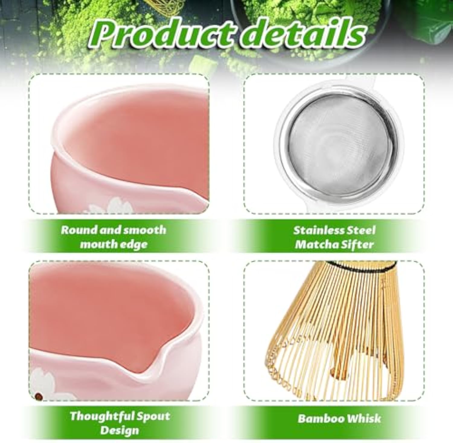 Traditional Matcha Whisk Set with Ceramic Bowl Scoop Sifter Holder 5 Pcs Japanese Tea Ceremony Kit for Beginners and Experts China Products Manufacturer - Image 3