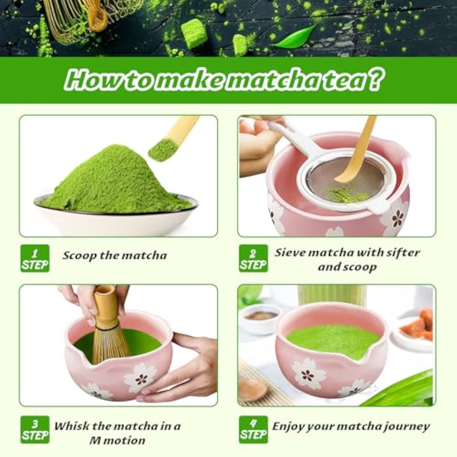 Traditional Matcha Whisk Set with Ceramic Bowl Scoop Sifter Holder 5 Pcs Japanese Tea Ceremony Kit for Beginners and Experts China Products Manufacturer - Image 6