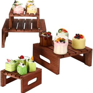 4 Pcs Rustic Wood Cake Display Stands Dark Brown Dessert Risers Wooden Cupcake Tray with Handles for Wedding Party Baby Shower Decor China Products Manufacturer