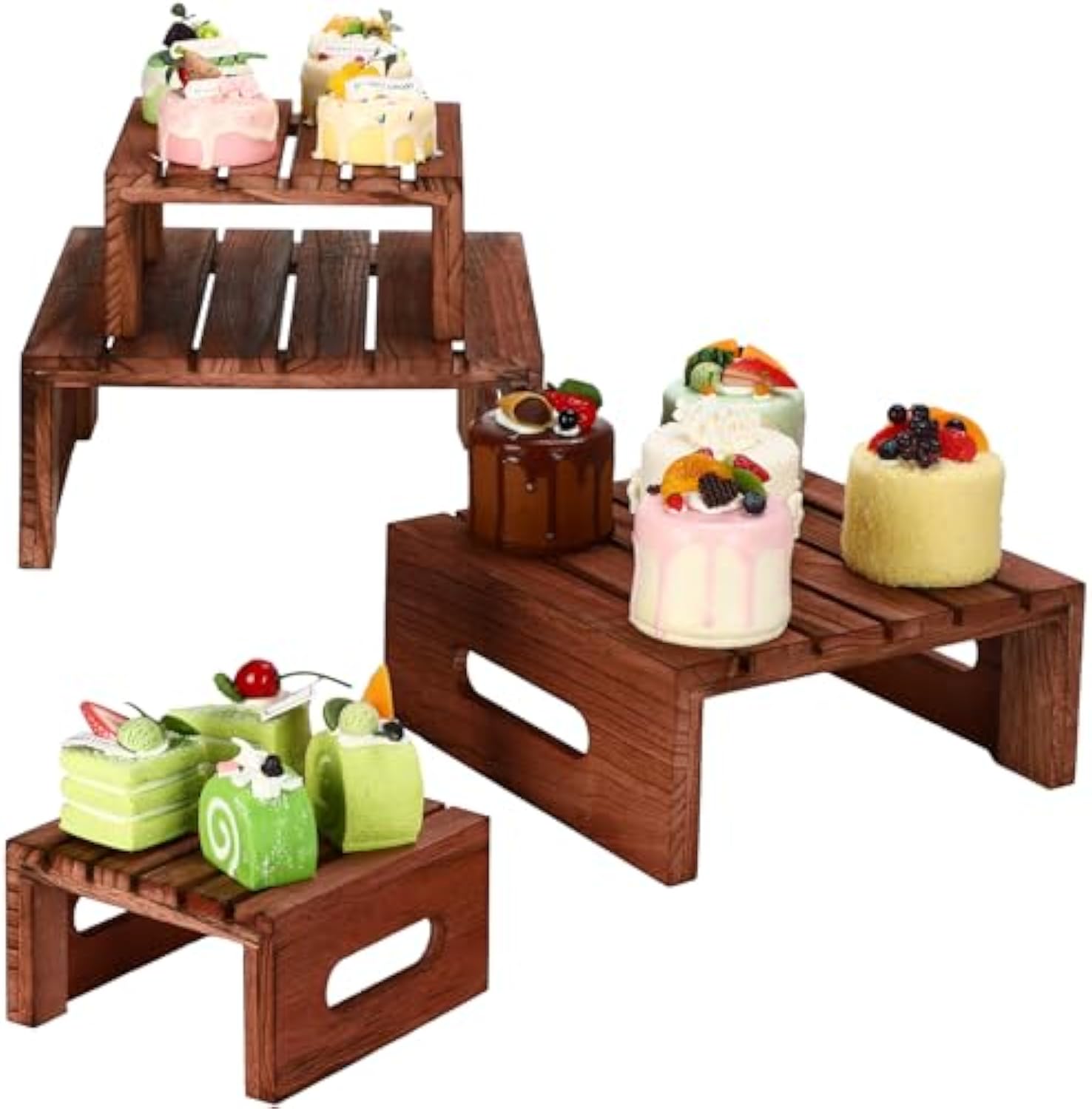 4 Pcs Rustic Wood Cake Display Stands Dark Brown Dessert Risers Wooden Cupcake Tray with Handles for Wedding Party Baby Shower Decor China Products Manufacturer