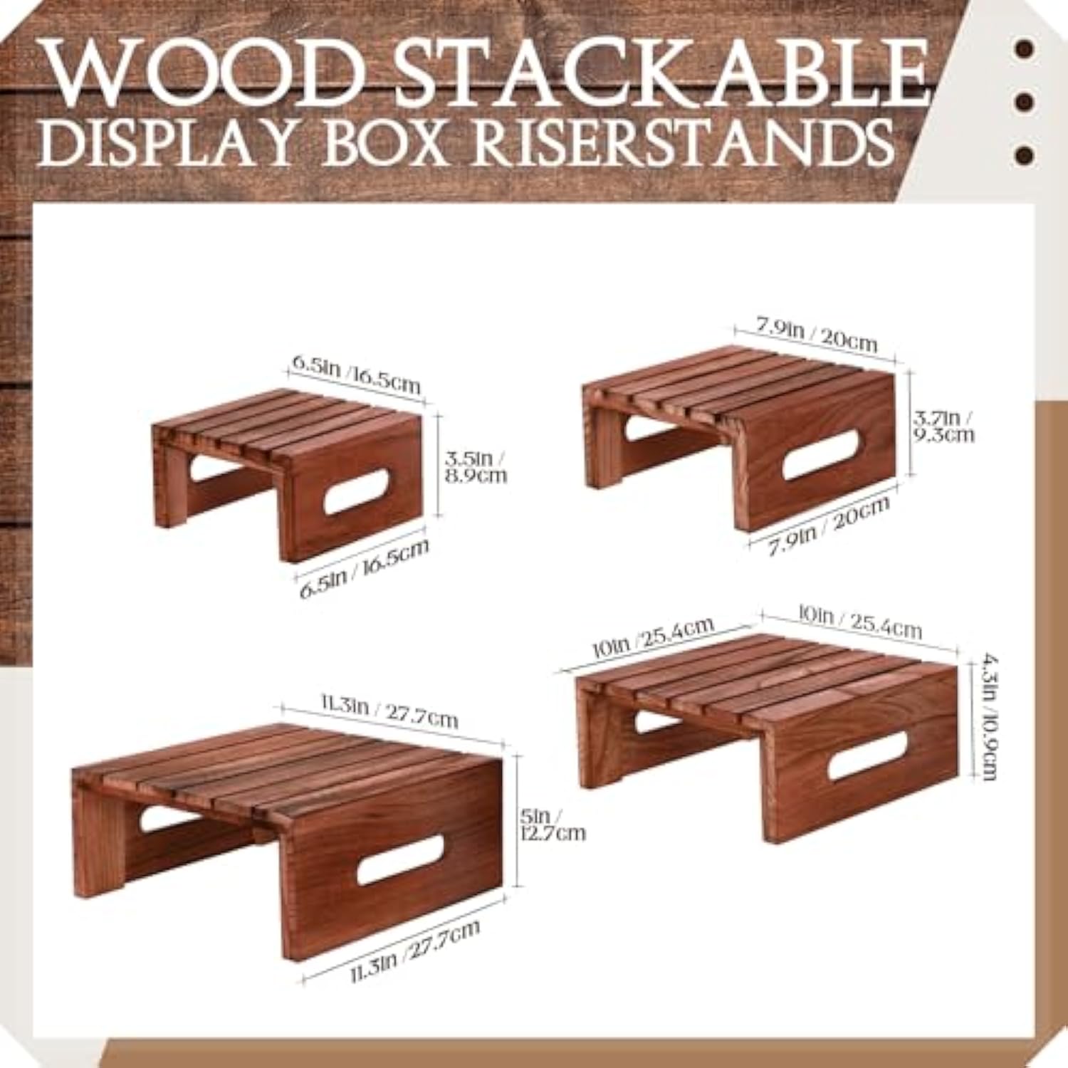 4 Pcs Rustic Wood Cake Display Stands Dark Brown Dessert Risers Wooden Cupcake Tray with Handles for Wedding Party Baby Shower Decor China Products Manufacturer - Image 2