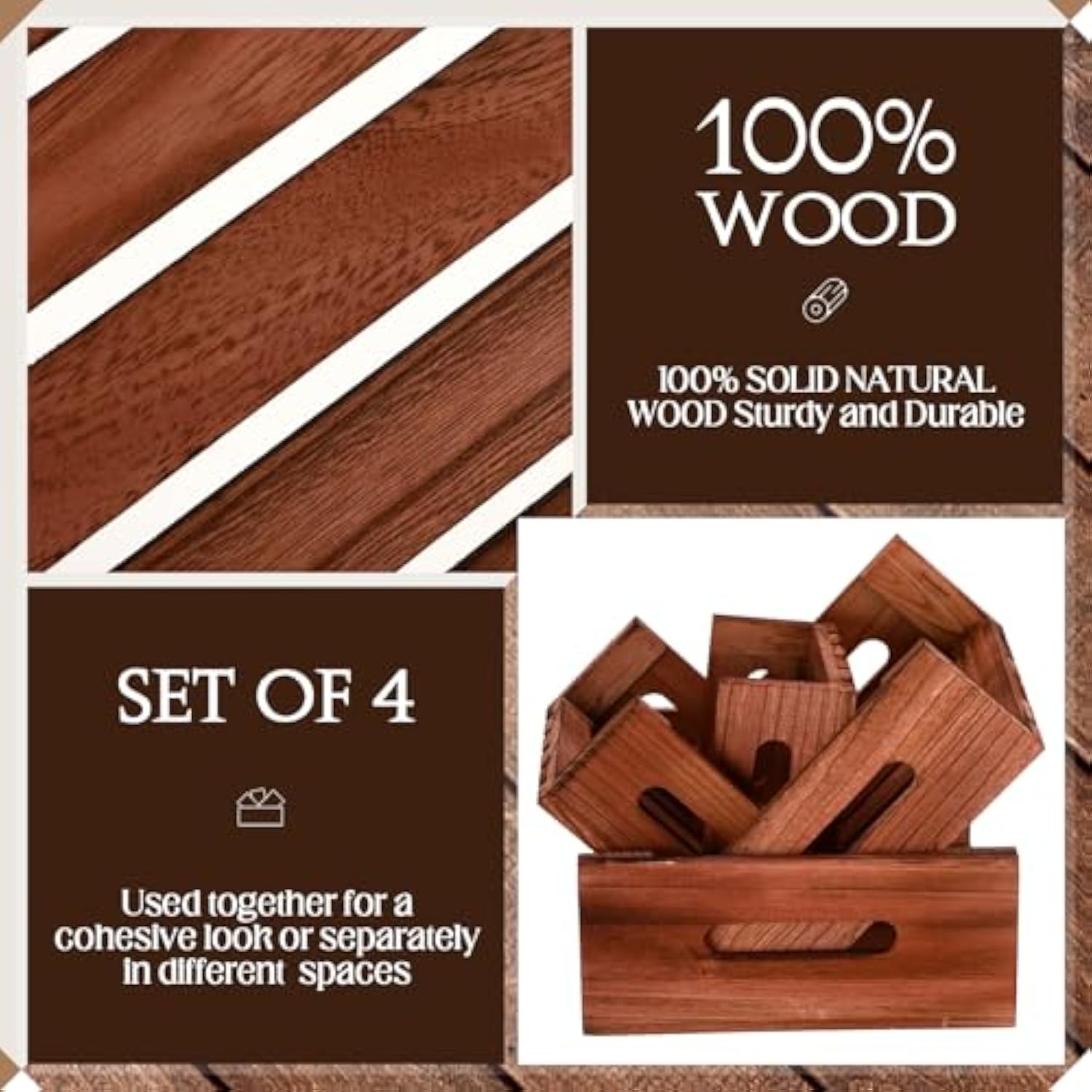 4 Pcs Rustic Wood Cake Display Stands Dark Brown Dessert Risers Wooden Cupcake Tray with Handles for Wedding Party Baby Shower Decor China Products Manufacturer - Image 3