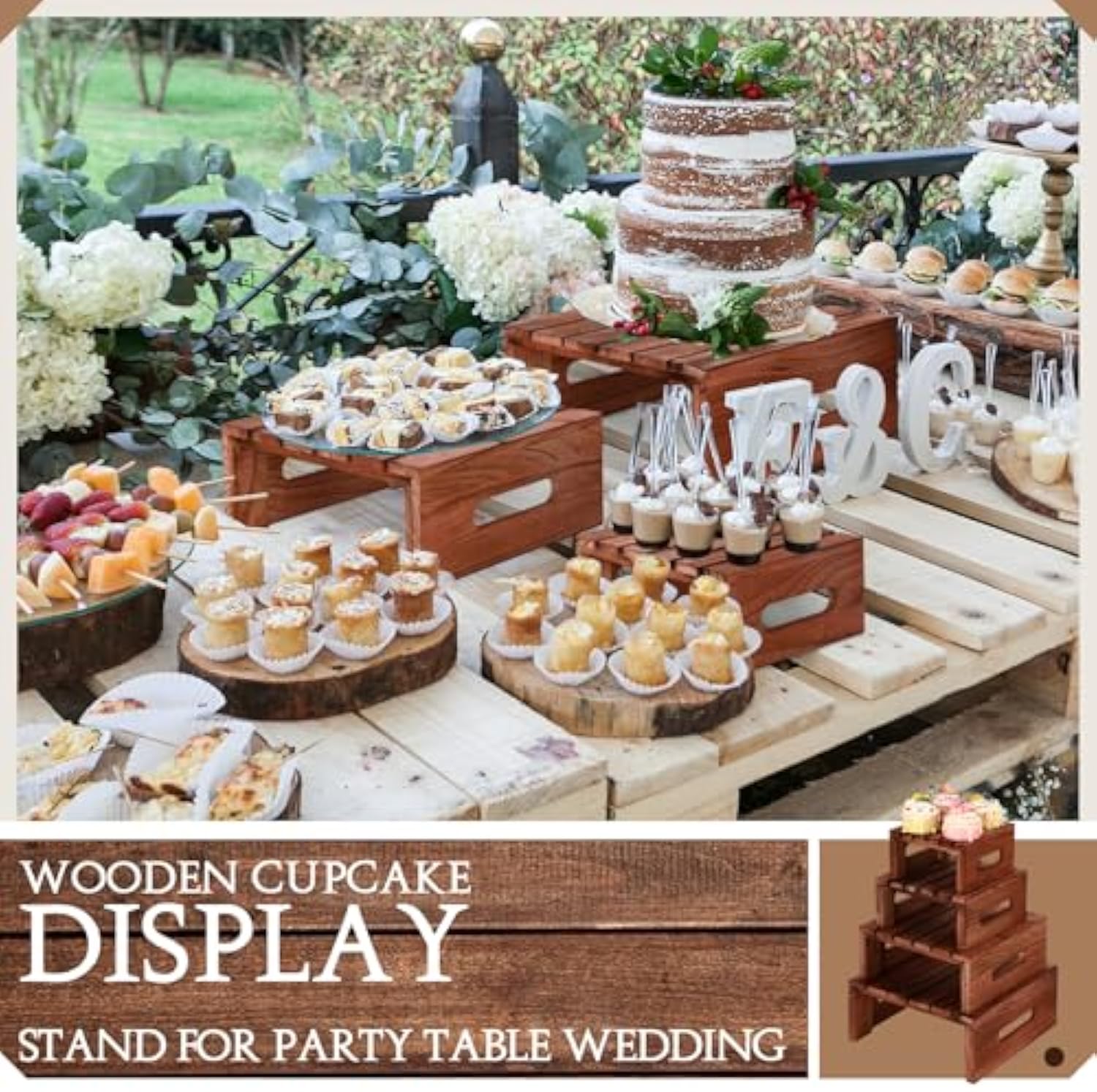 4 Pcs Rustic Wood Cake Display Stands Dark Brown Dessert Risers Wooden Cupcake Tray with Handles for Wedding Party Baby Shower Decor China Products Manufacturer - Image 4