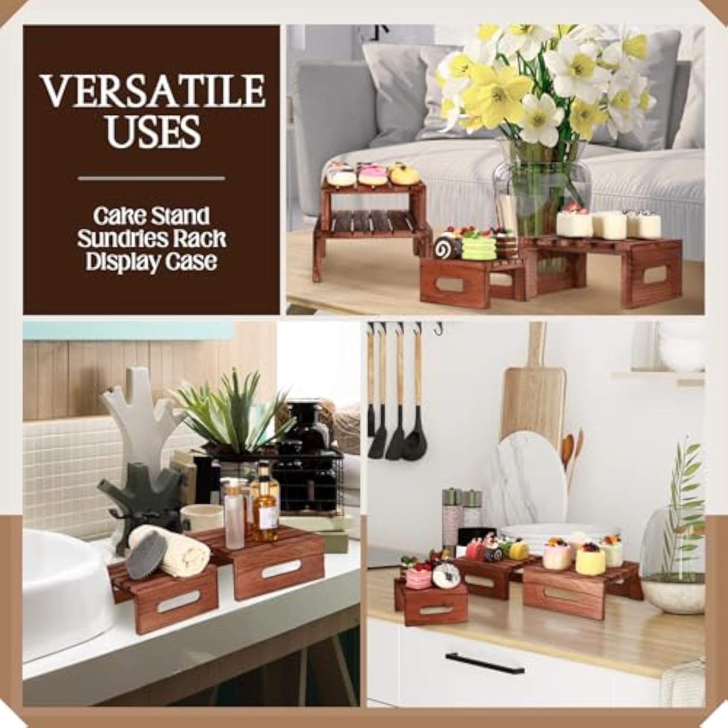 4 Pcs Rustic Wood Cake Display Stands Dark Brown Dessert Risers Wooden Cupcake Tray with Handles for Wedding Party Baby Shower Decor China Products Manufacturer - Image 5