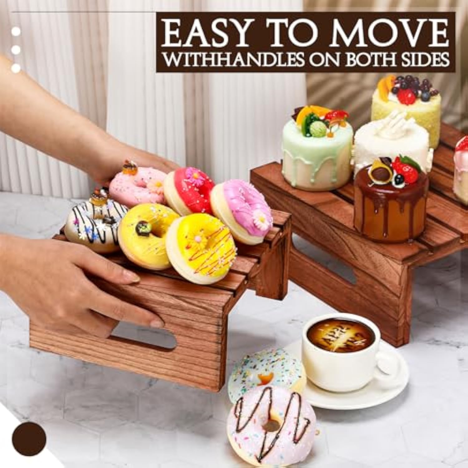 4 Pcs Rustic Wood Cake Display Stands Dark Brown Dessert Risers Wooden Cupcake Tray with Handles for Wedding Party Baby Shower Decor China Products Manufacturer - Image 7