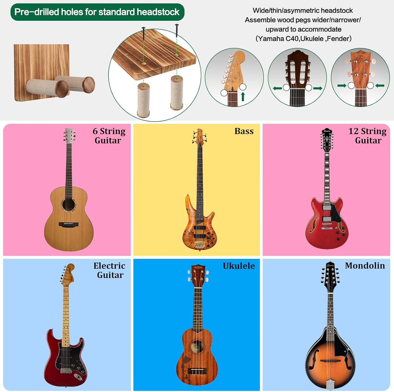 Guitar Wall Mount Hanger Set of 3 Rustic Wood Stand with Pick Holder for Acoustic Electric Bass Ukulele Mandolin Secure and Decorative China Products Manufacturer - Image 5