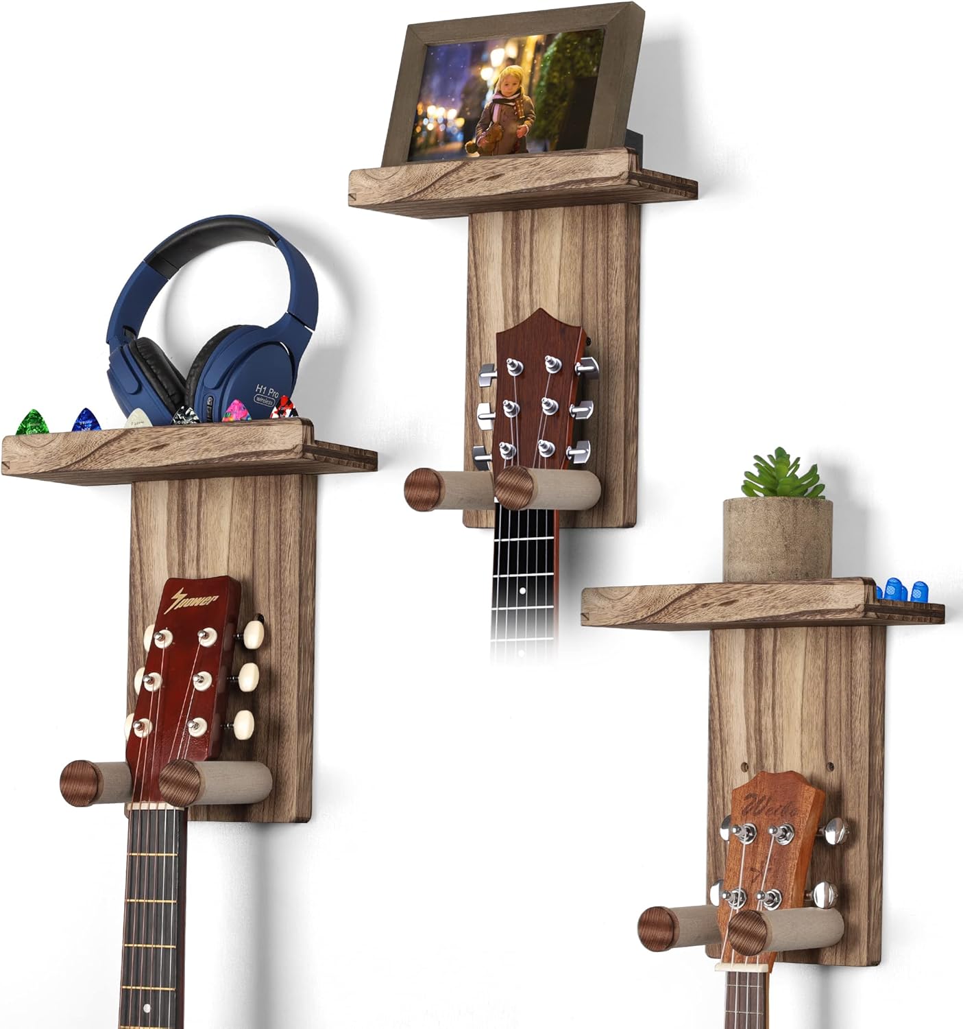 Guitar Wall Mount Hanger Set of 3 Rustic Wood Stand with Pick Holder for Acoustic Electric Bass Ukulele Mandolin Secure and Decorative China Products Manufacturer