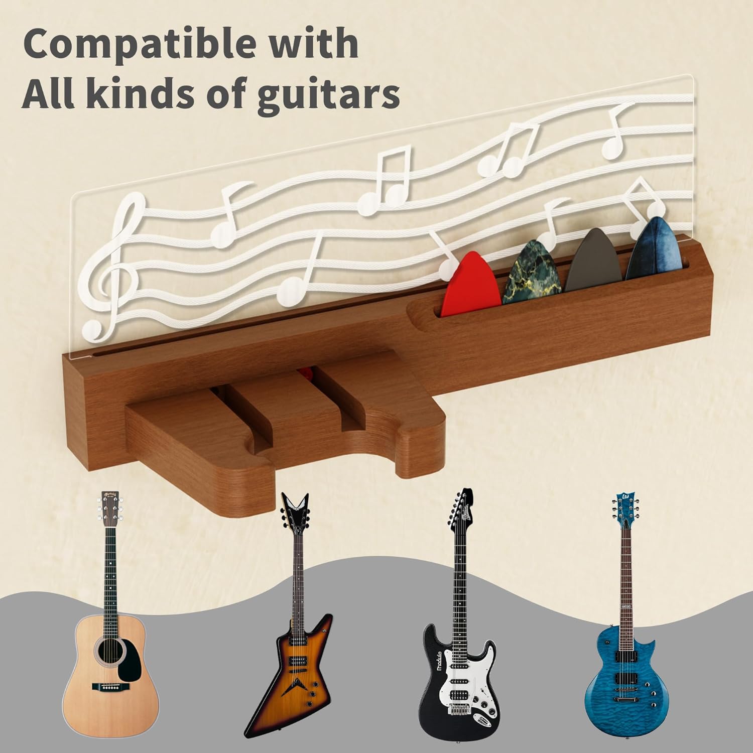Wood Guitar Wall Mount Stand with Pick Holder Acrylic Hook for Acoustic Electric Bass Ukulele Gift for Men Guitarist Music Lover China Products Manufacturer - Image 3