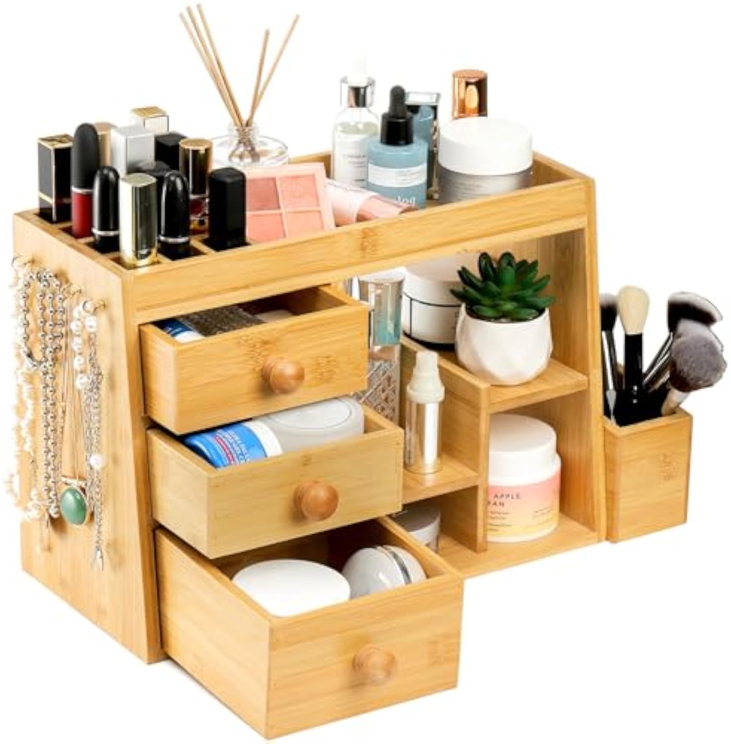 Bamboo Makeup Organizer with 3 Drawers and 12-Grid Lipstick Holder Vanity Cosmetic Storage Box with Hooks for Jewelry and Brushes Desk Top Counter Organizer China Products Manufacturer