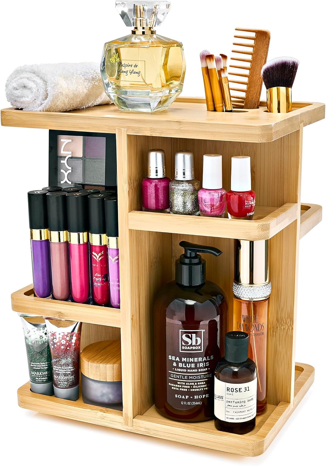 360° Bamboo Makeup Organizer with Rotating Base Cosmetic Storage Carousel for Vanity Countertop with Compartments for Brushes Skincare and Toiletries China Products Manufacturer - Image 7