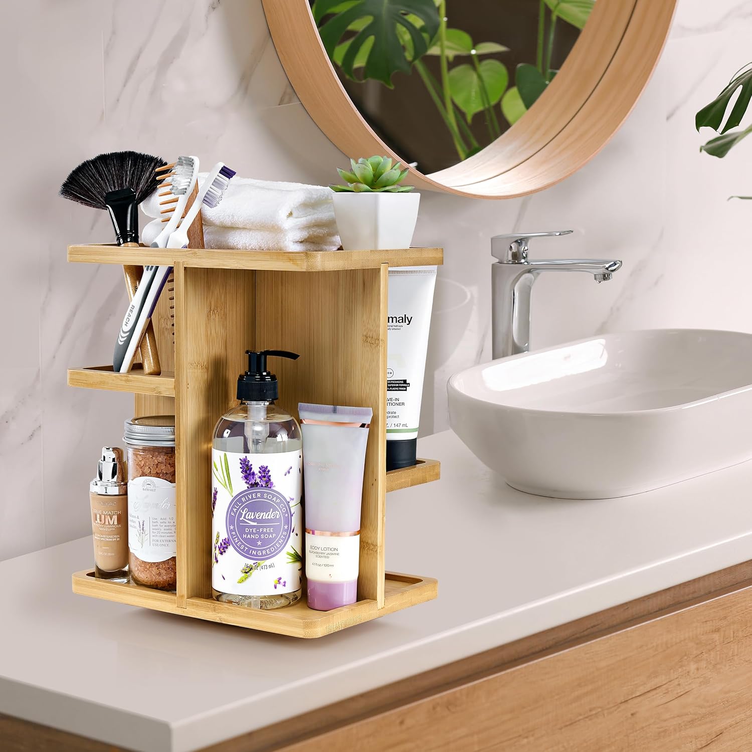 360° Bamboo Makeup Organizer with Rotating Base Cosmetic Storage Carousel for Vanity Countertop with Compartments for Brushes Skincare and Toiletries China Products Manufacturer - Image 5