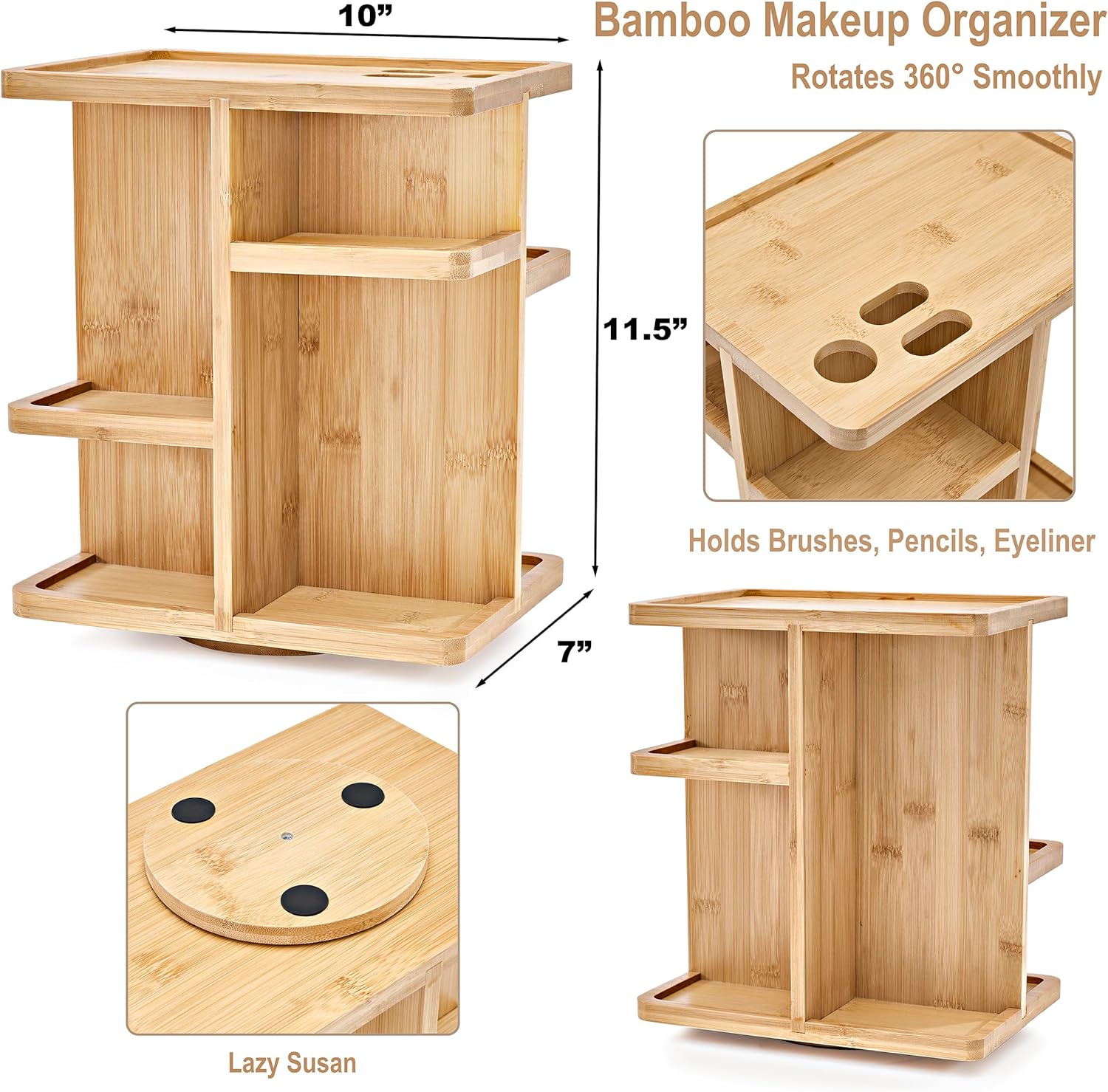 360° Bamboo Makeup Organizer with Rotating Base Cosmetic Storage Carousel for Vanity Countertop with Compartments for Brushes Skincare and Toiletries China Products Manufacturer - Image 4