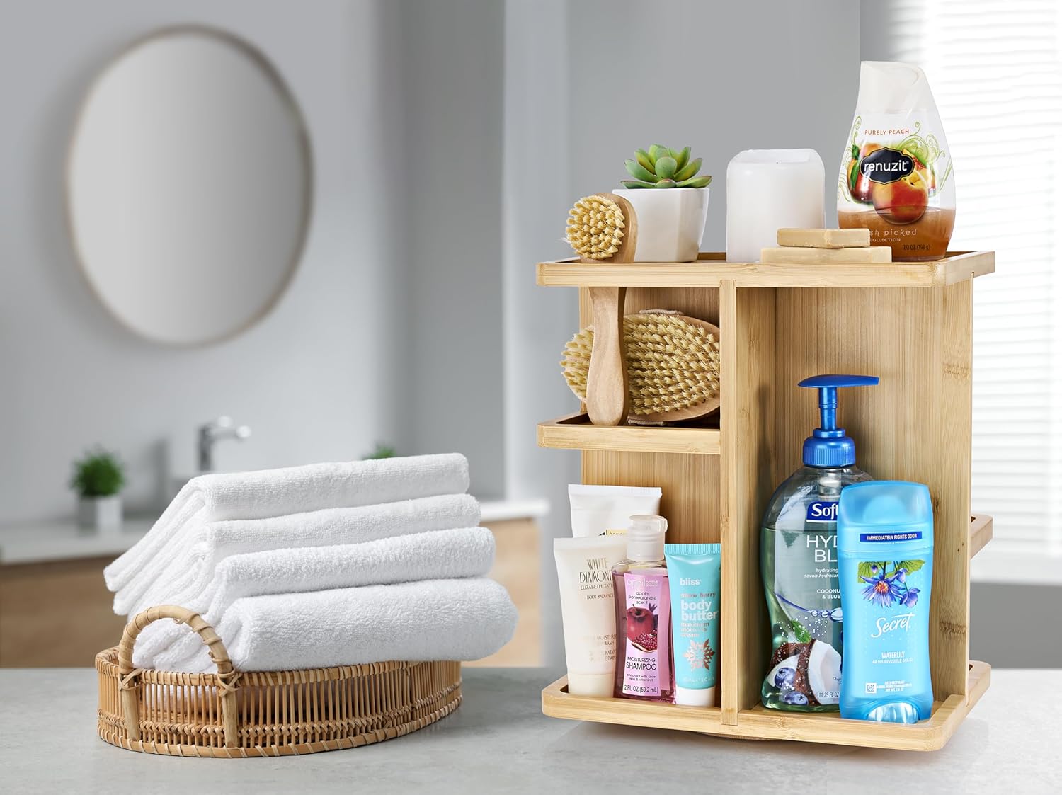 360° Bamboo Makeup Organizer with Rotating Base Cosmetic Storage Carousel for Vanity Countertop with Compartments for Brushes Skincare and Toiletries China Products Manufacturer - Image 2