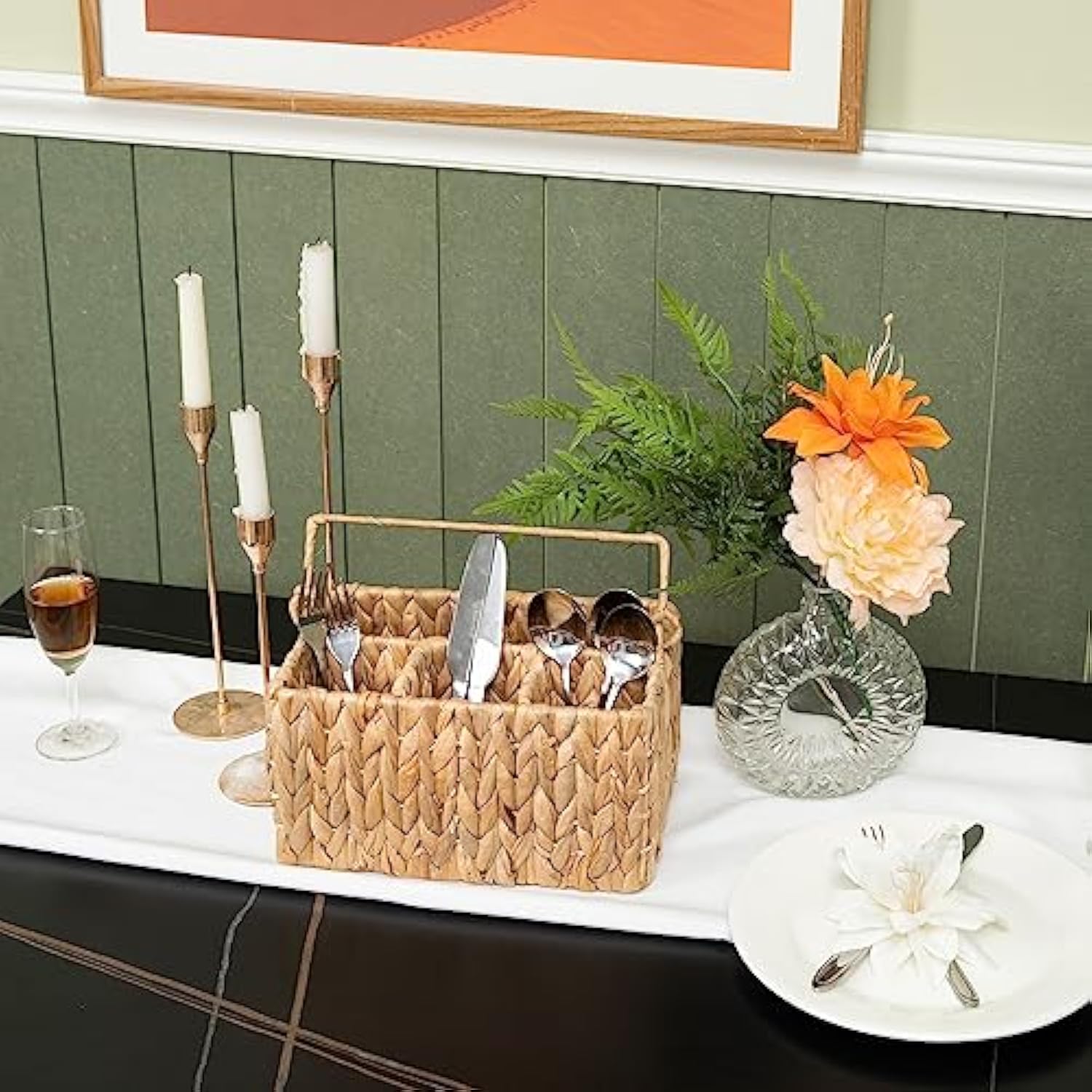 Handwoven Wicker Utensil Caddy with Handle – Water Hyacinth Cutlery Organizer for Countertop, Kitchen Table, or Outdoor Dining – 4 Compartments, Rustic Flatware Holder China Products Manufacturer - Image 2