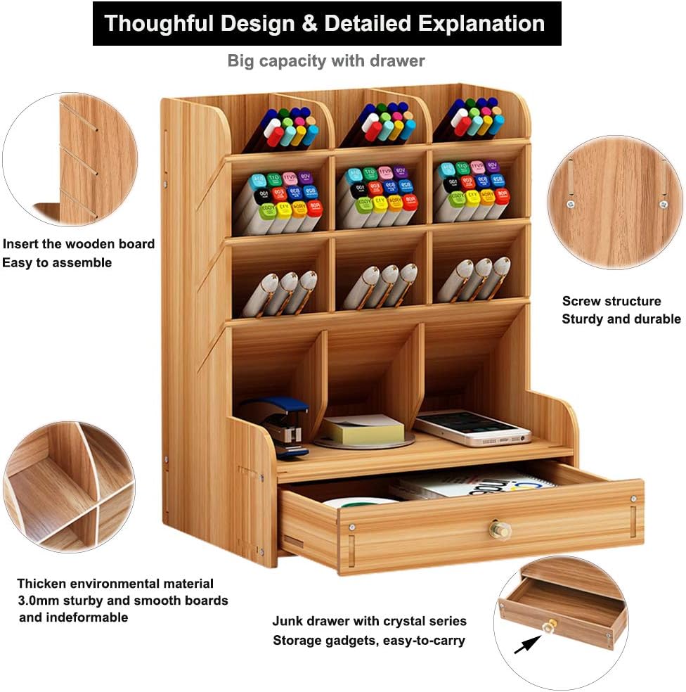 Wooden Desk Organizer with Drawer DIY Assembly Multi Functional Pen Holder Storage Rack 9 Compartments Office Home School Supplies China Products Manufacturer - Image 5