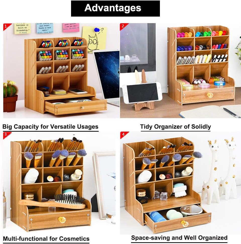 Wooden Desk Organizer with Drawer DIY Assembly Multi Functional Pen Holder Storage Rack 9 Compartments Office Home School Supplies China Products Manufacturer - Image 3