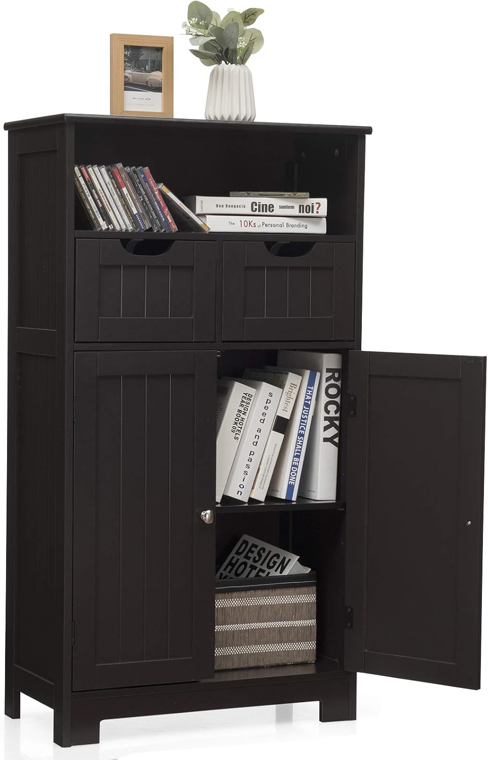 Bathroom storage cabinet open doors with shelf and removable drawers