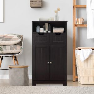 Black bathroom floor cabinet with drawers and double doors