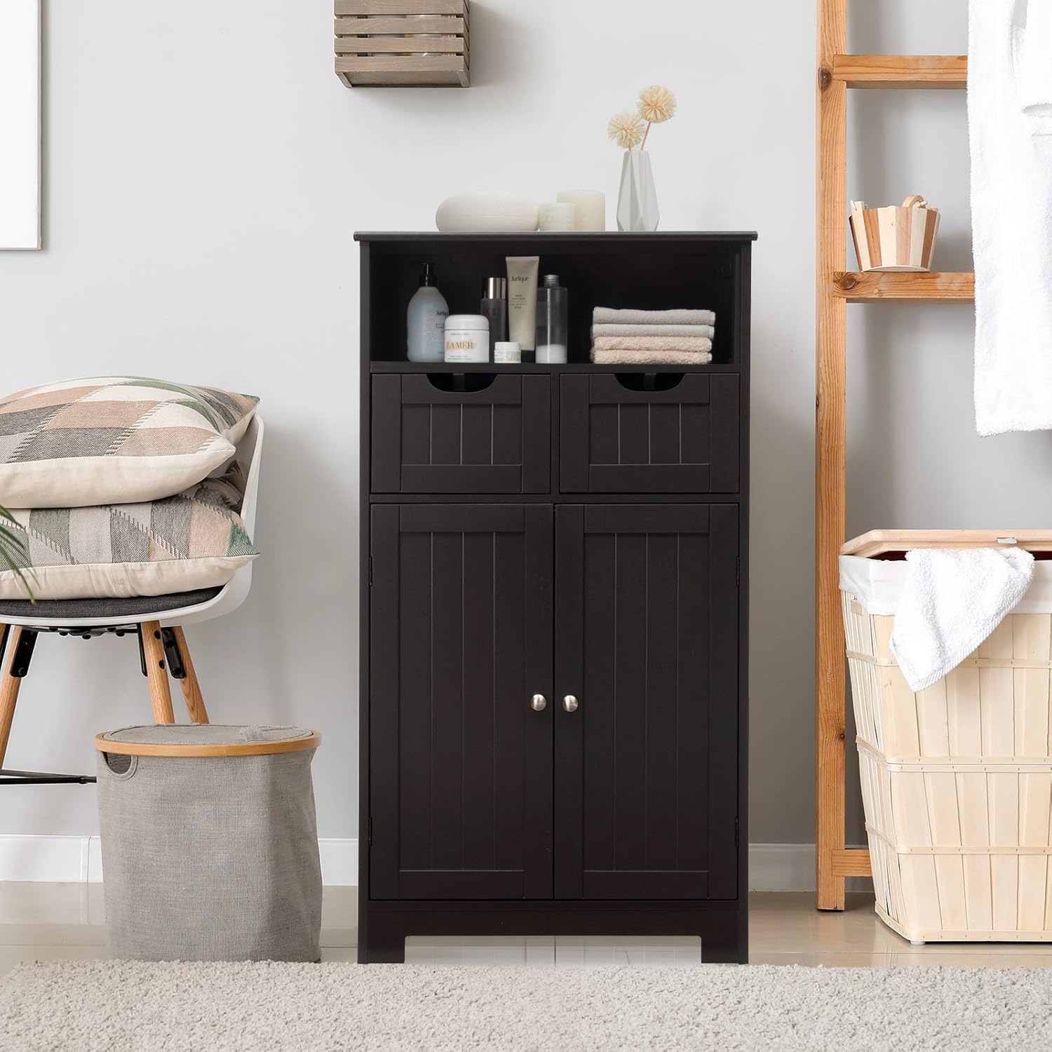Black bathroom floor cabinet with drawers and double doors