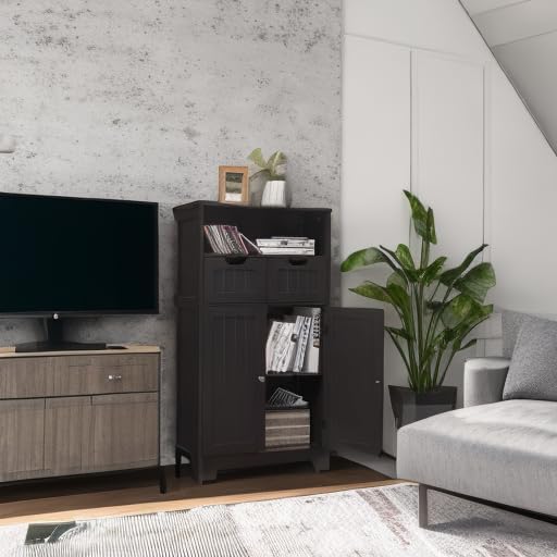 Freestanding bathroom storage cabinet with open lower door