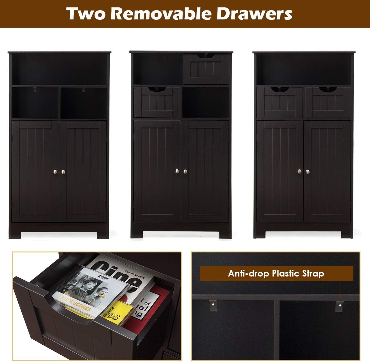 Bathroom floor cabinet with two removable storage drawers