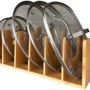 Natural bamboo pot and pan organizer with six fixed compartments for lids and cookware