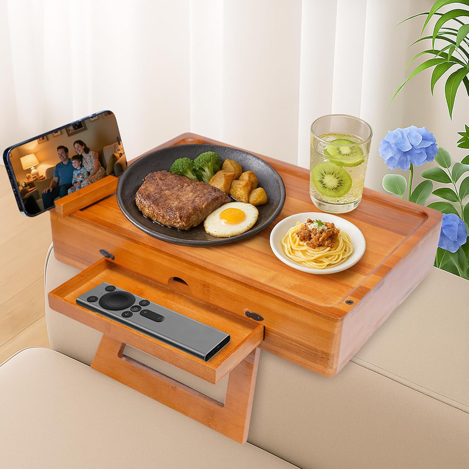 Bamboo sofa arm tray with drawer used for meals and remote storage