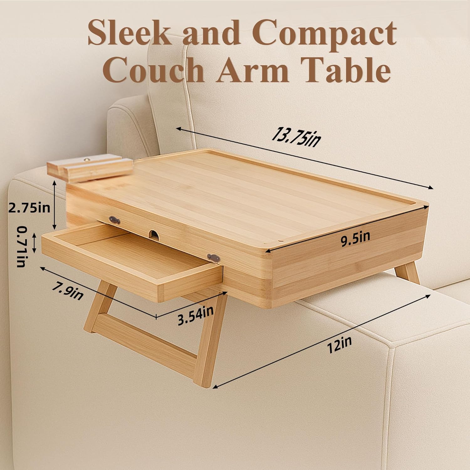 Bamboo couch armrest table dimensions with built-in drawer