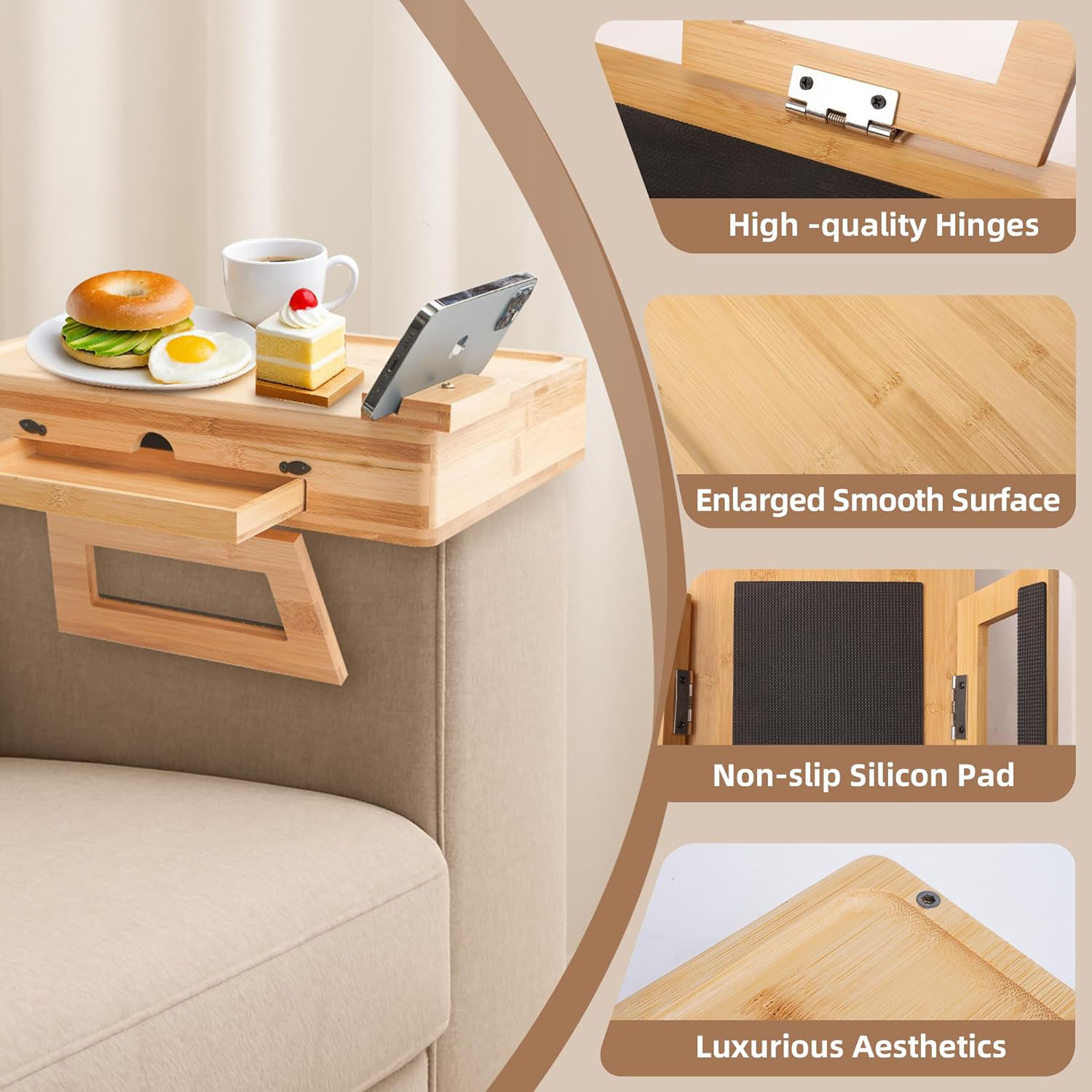 Bamboo armrest organizer with hinges and non-slip silicone pads