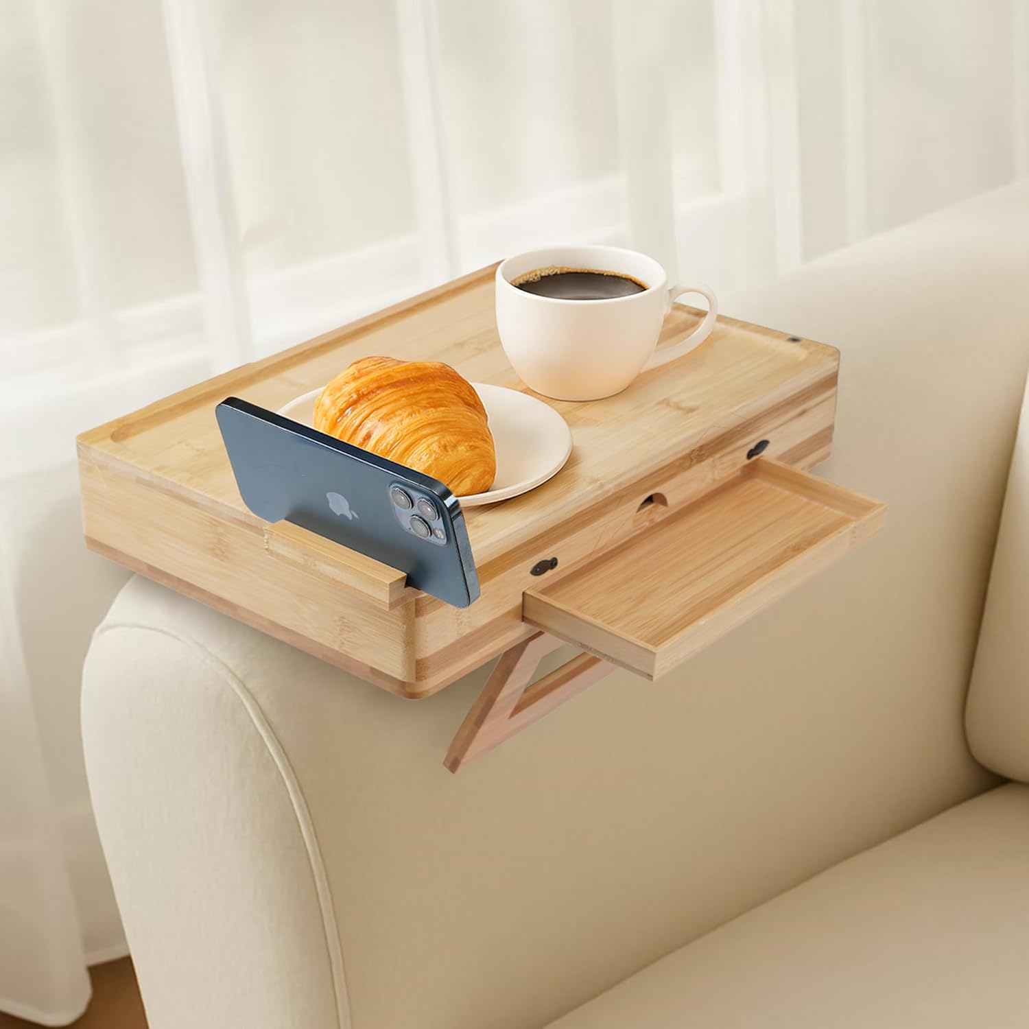 Bamboo sofa arm tray with open drawer and phone holder
