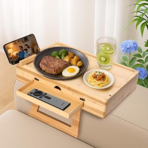 Bamboo couch armrest table with drawer, phone holder and serving tray