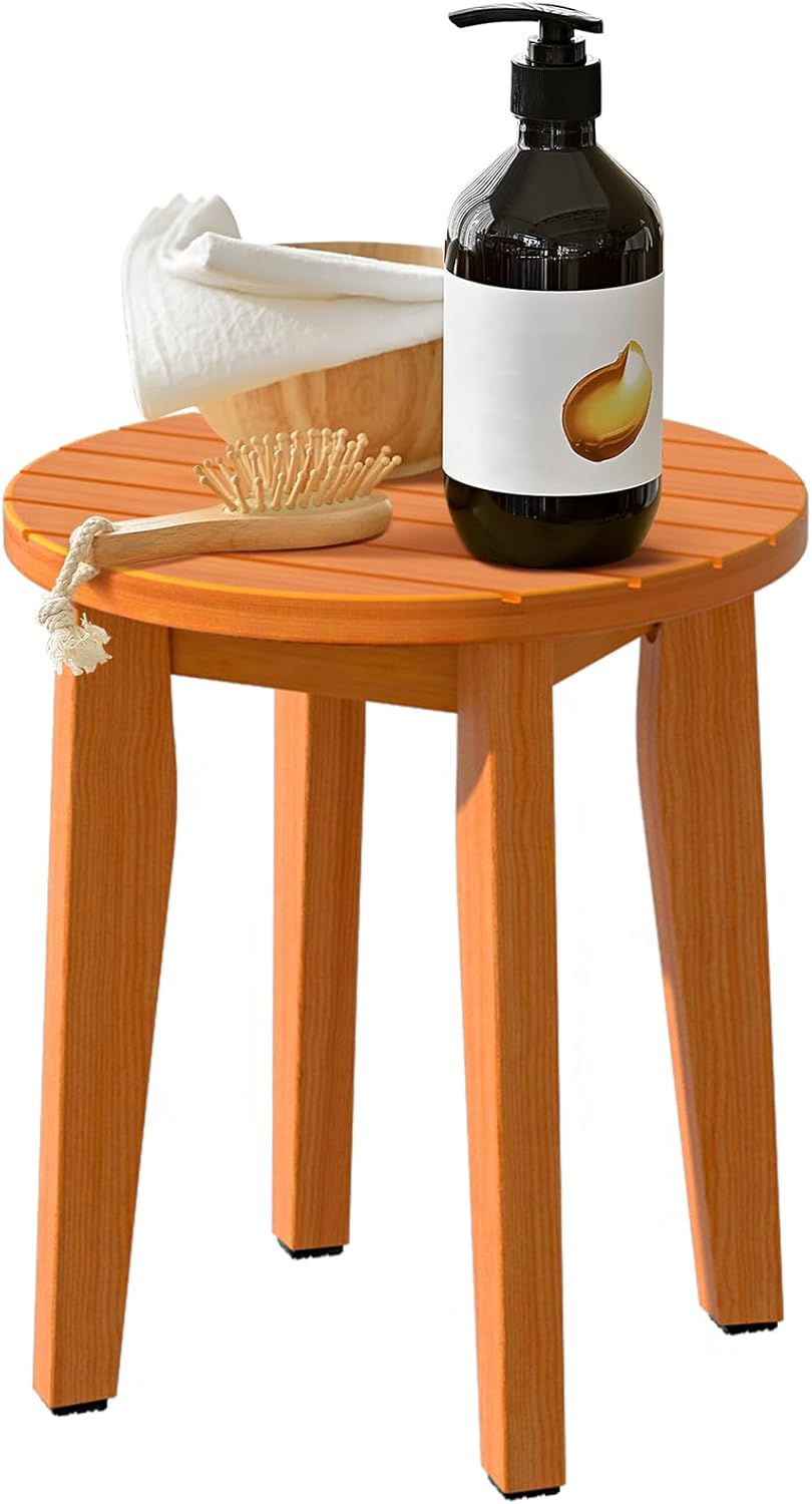 Round bamboo shower stool with slatted seat and non-slip feet
