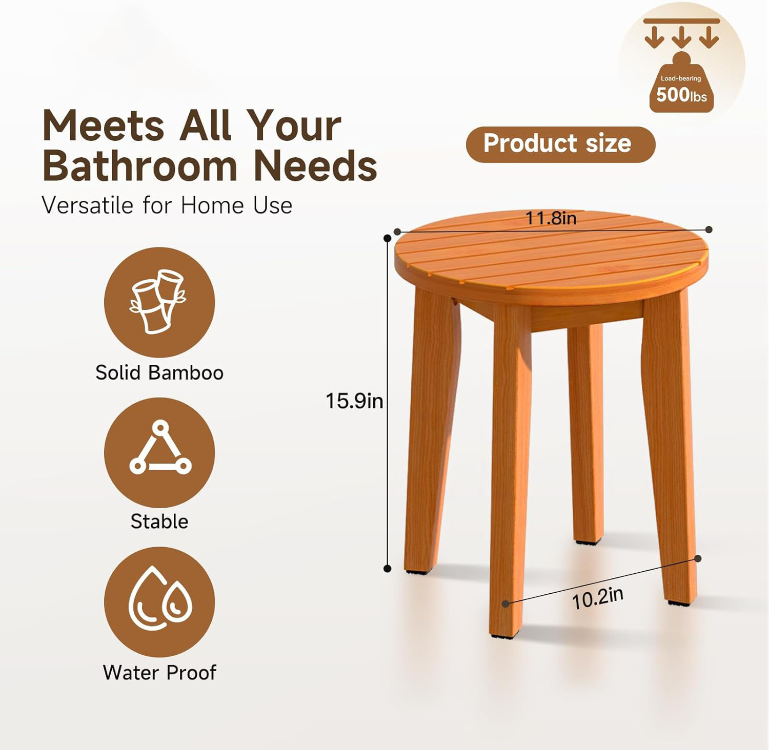 Round bamboo shower stool dimensions and reinforced frame
