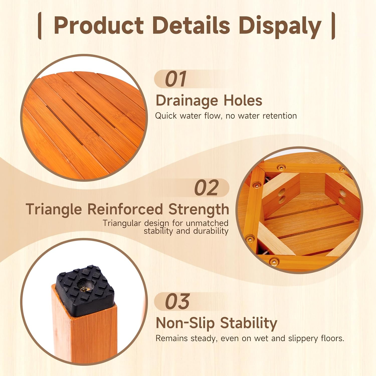 Bamboo bath stool with drainage slats, triangular braces and non-slip feet