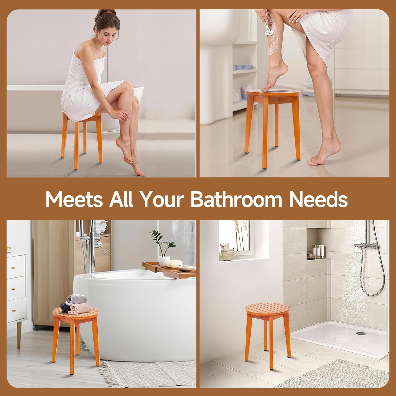 Bamboo shaving stool used for bathroom seating and towels