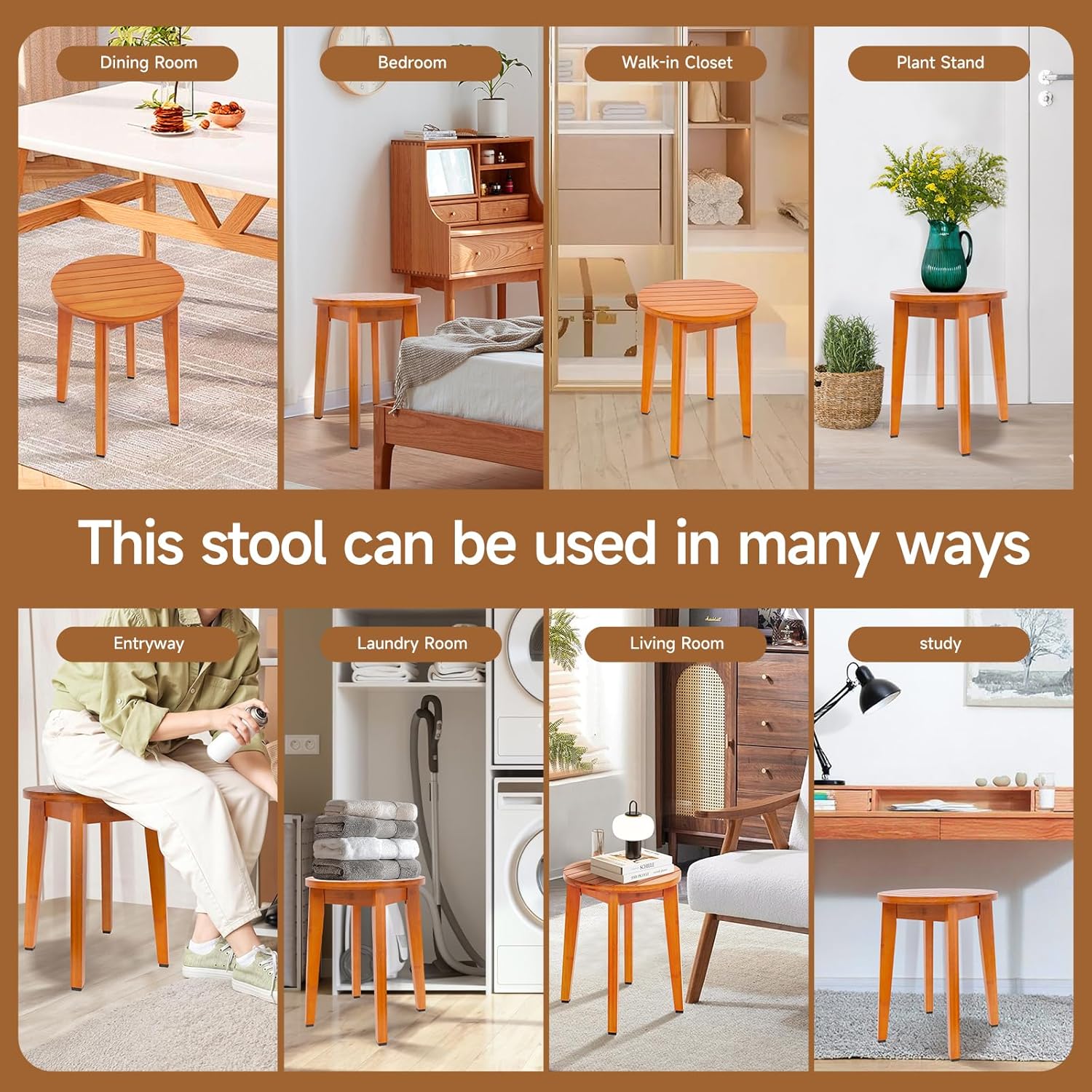 Round bamboo stool for bedroom, laundry room and plant stand