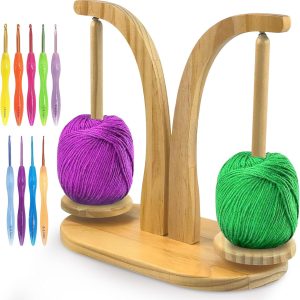 Dual-spool magnetic wooden yarn holder with crochet hooks