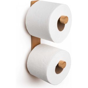 Wall mounted bamboo toilet paper holder with two rolls