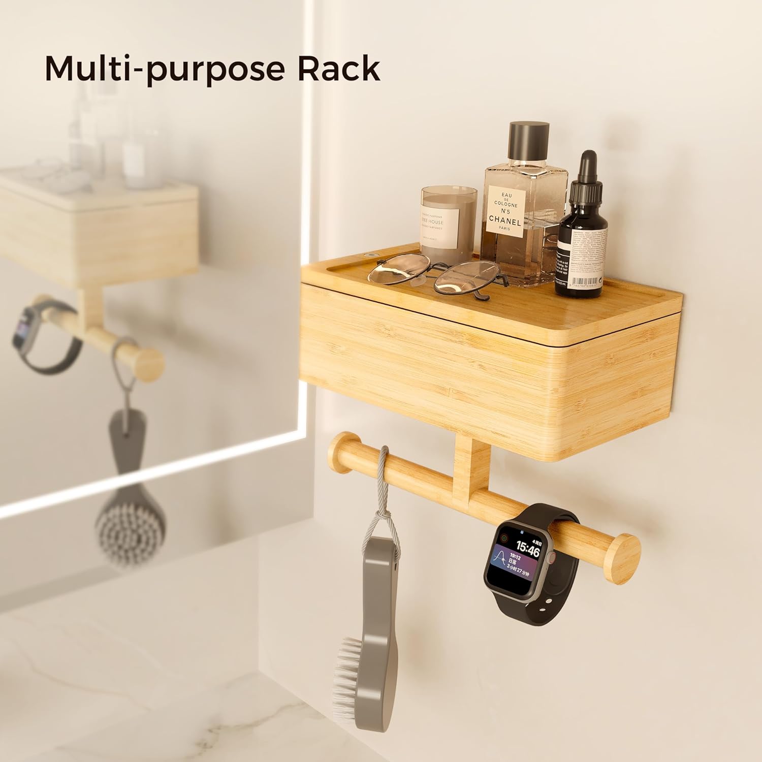 Dual-roll bamboo toilet paper holder with top shelf