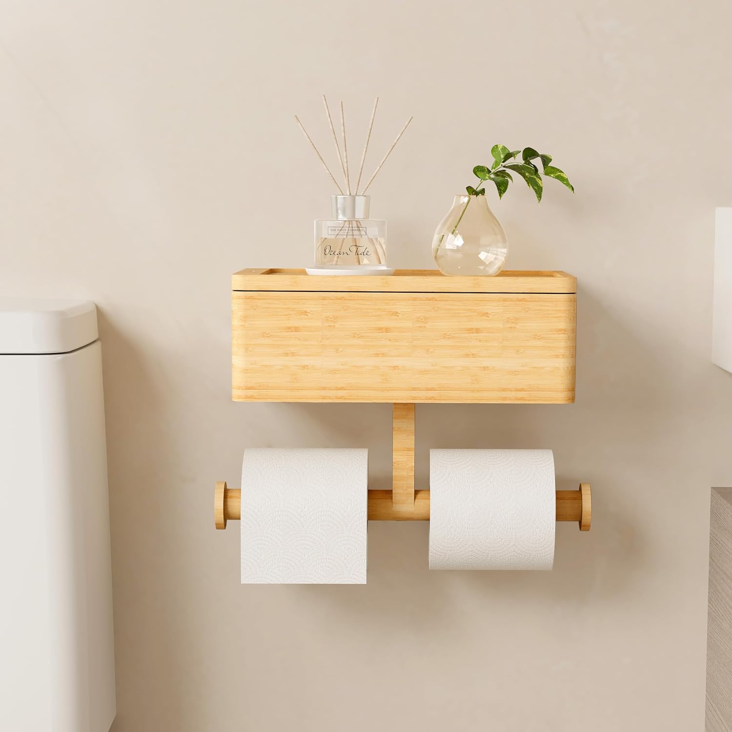 Bamboo toilet paper holder with storage and dual-roll rack