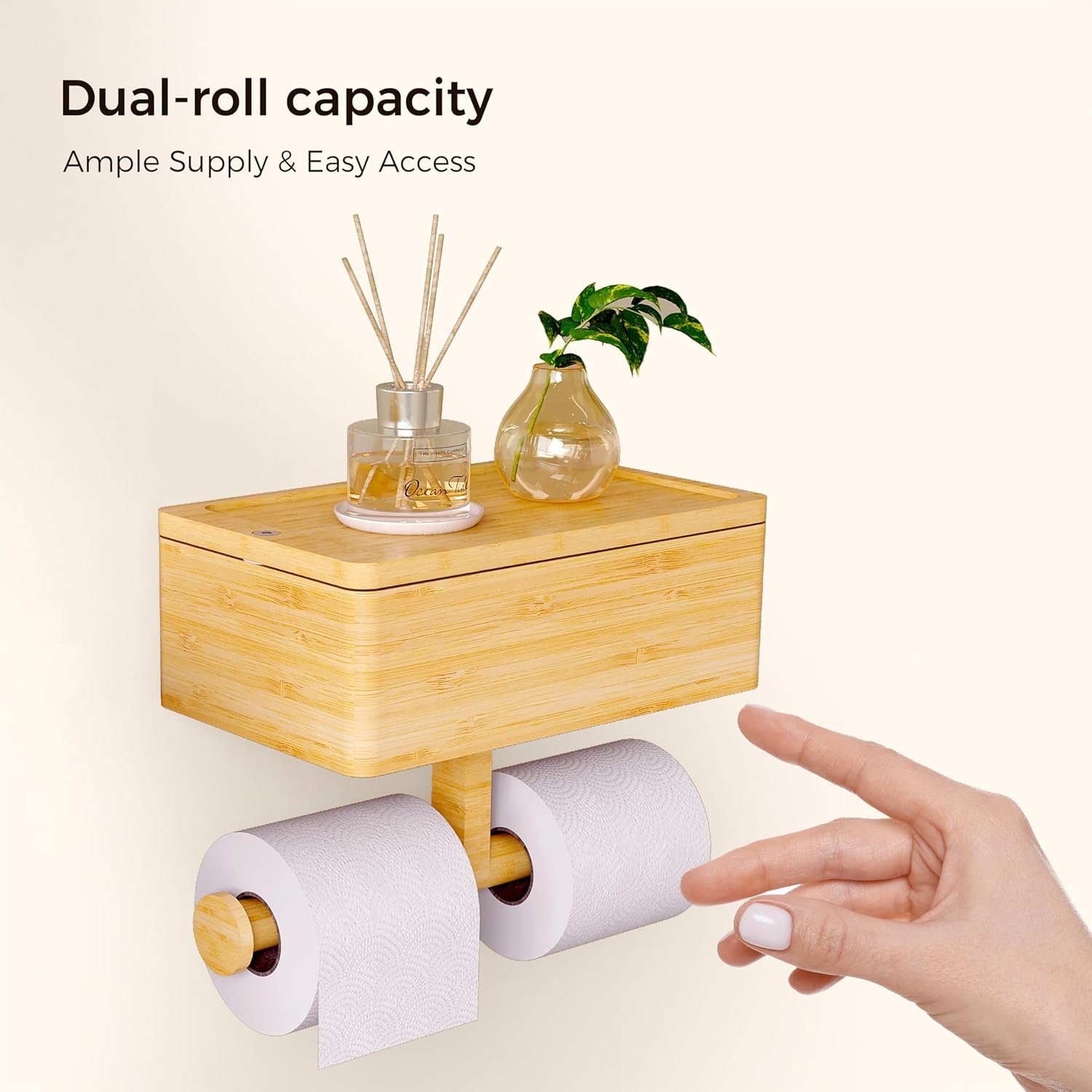 Bamboo toilet paper holder with 180-degree rotating lid