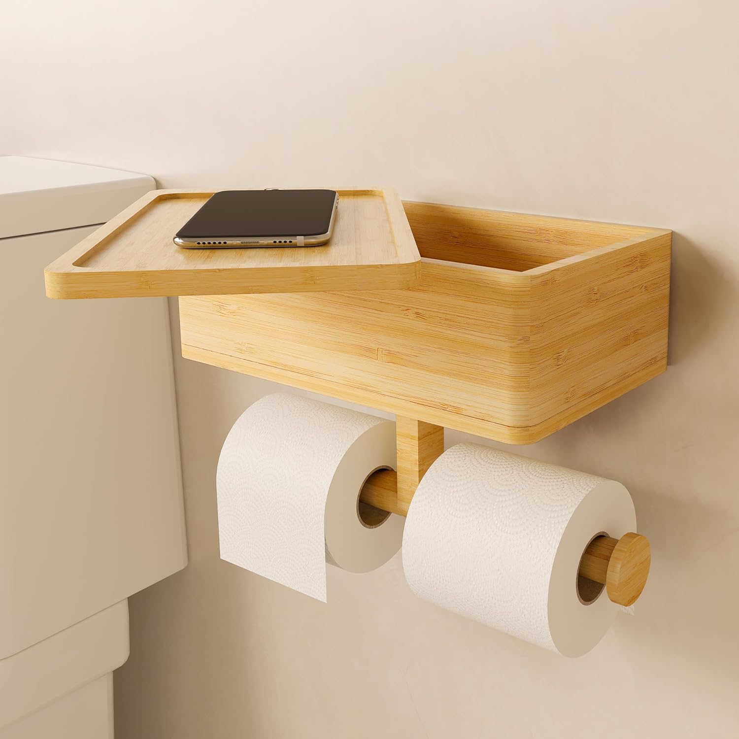 Wall-mounted bamboo toilet paper holder in bathroom