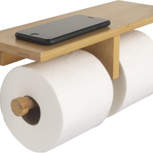 Bamboo double toilet paper holder with shelf for wholesale