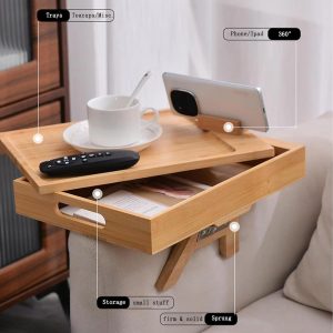 Bamboo sofa arm tray with 360-degree phone holder on couch